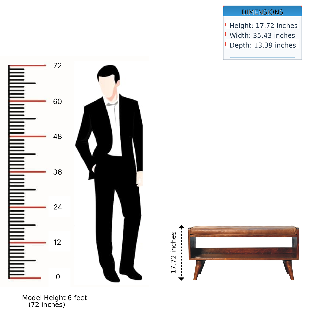 Solid Wood Chestnut Bench with Leather Seat Pad