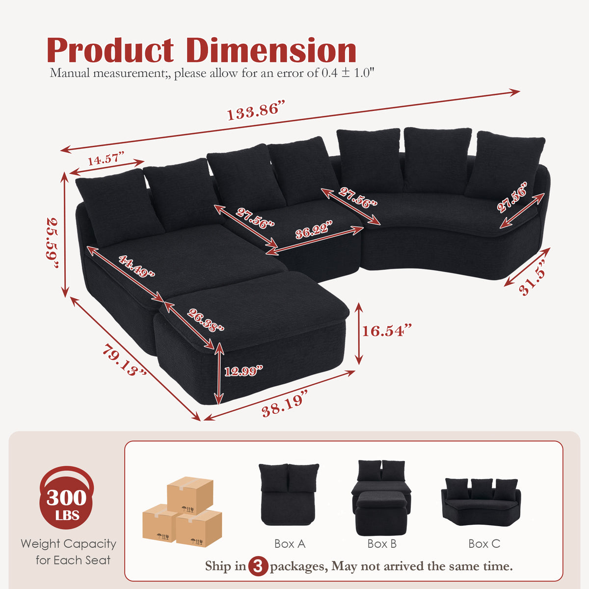 133'' Modular U-Shaped Sectional Compression Sofa