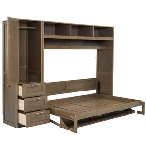 Full Size Murphy Bed With Wardrobe, Drawers, And Open Shelves - Wood