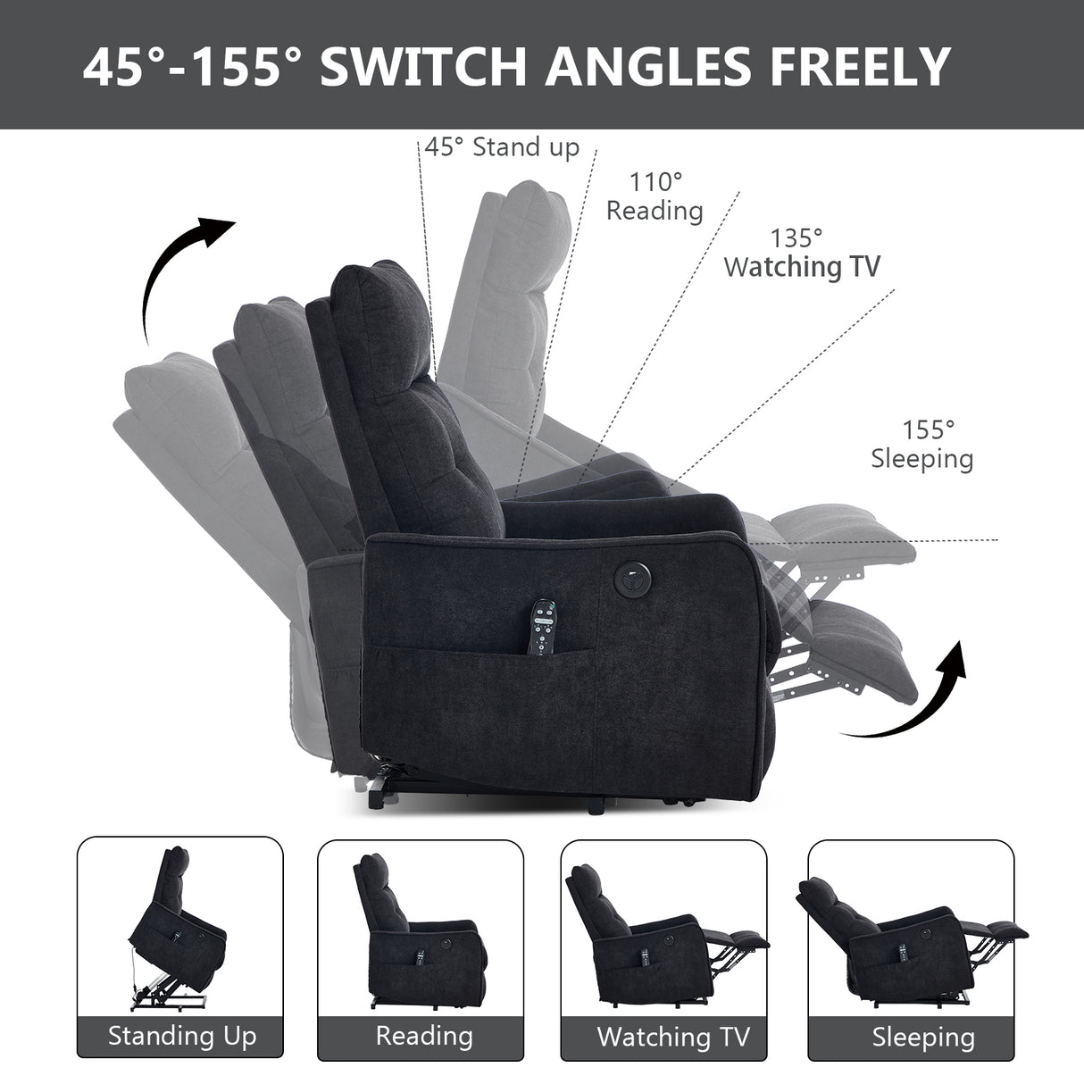 Black Chenille Single Motor Power Lift Recliner Chair