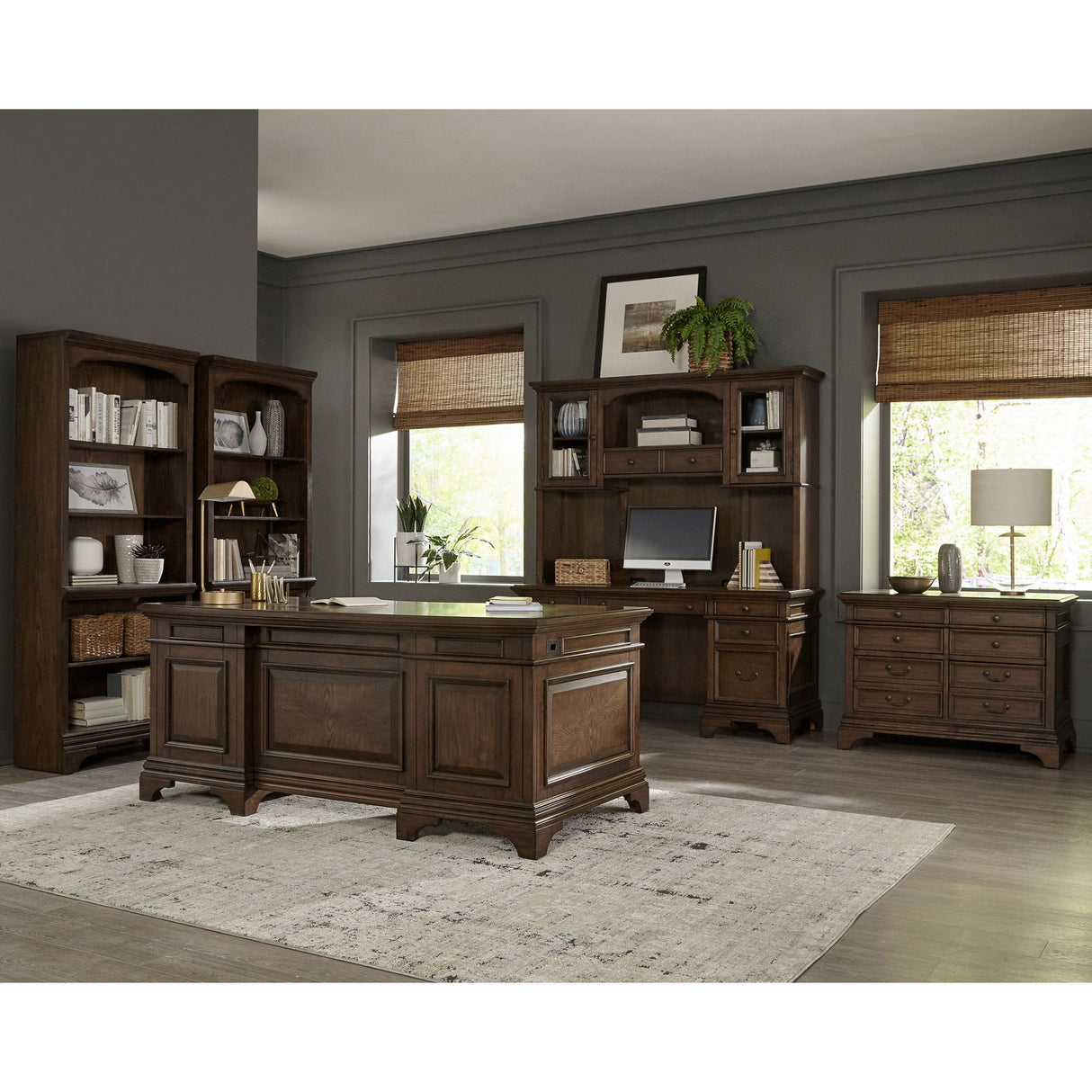Stigham - Bookcase With 2 Door Cabinet, Adjustable Shelves, Cable Management - Oak
