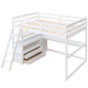Modern Loft Bed With Built In Desk, Shelves, And 2 Drawers