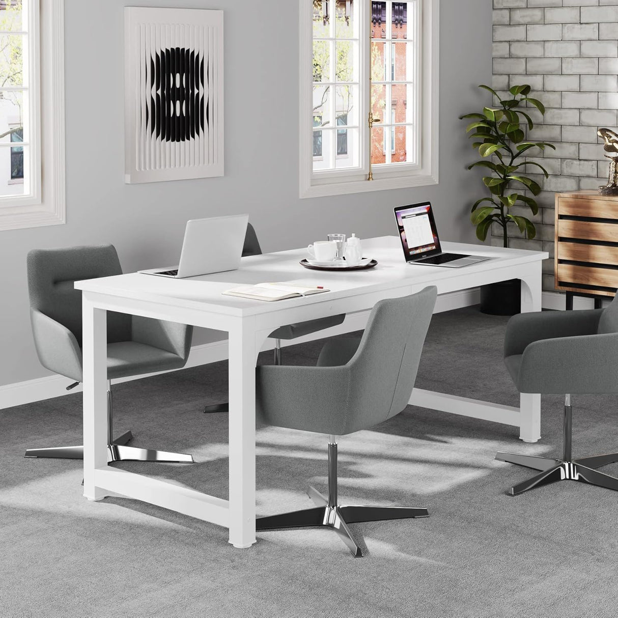 Executive Desk, Large Office Computer Workstation With Thick Frame - White