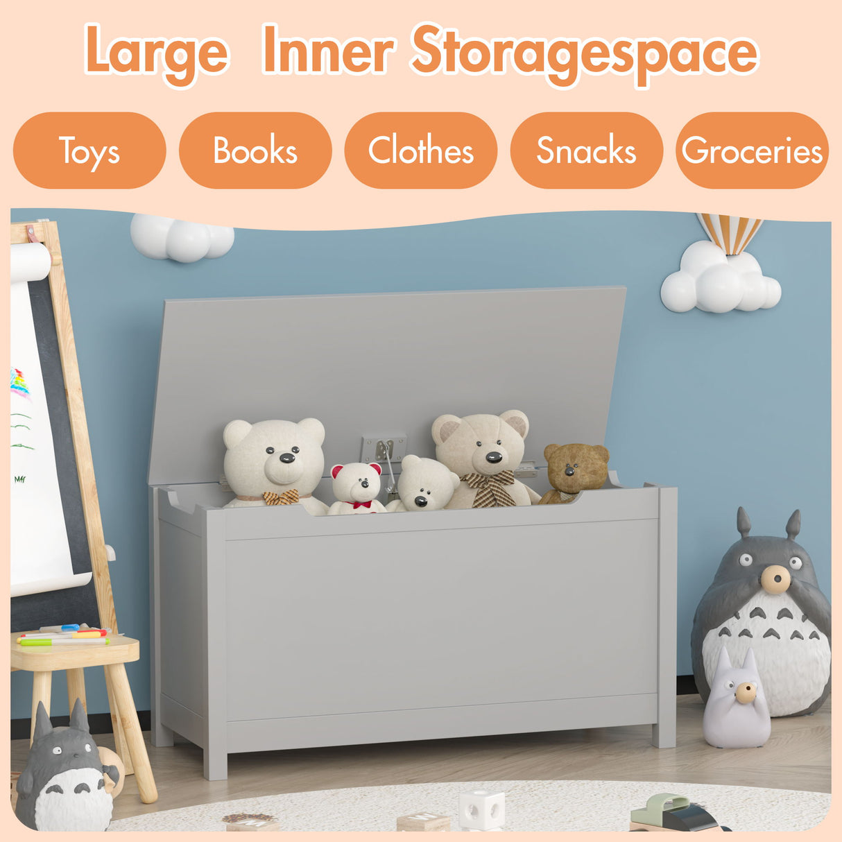 Toy Box Storage With Safety Hinged Lid
