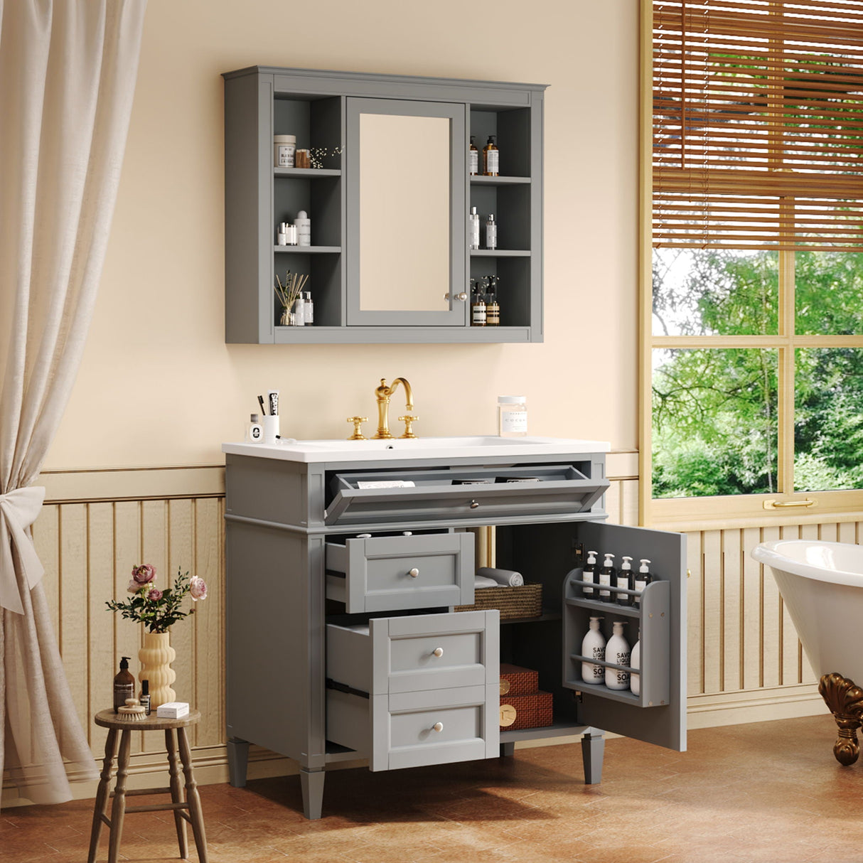 Bathroom Vanity With Mirror Cabinet, Single Sink With 2 Soft Closing Doors And 4 Drawers
