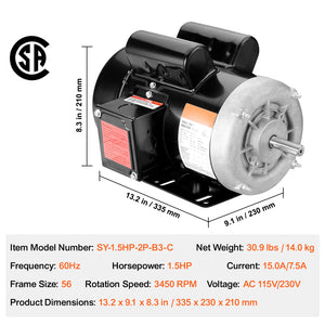 1.5HP Electric Motor 3450 RPM AC 115V/230V