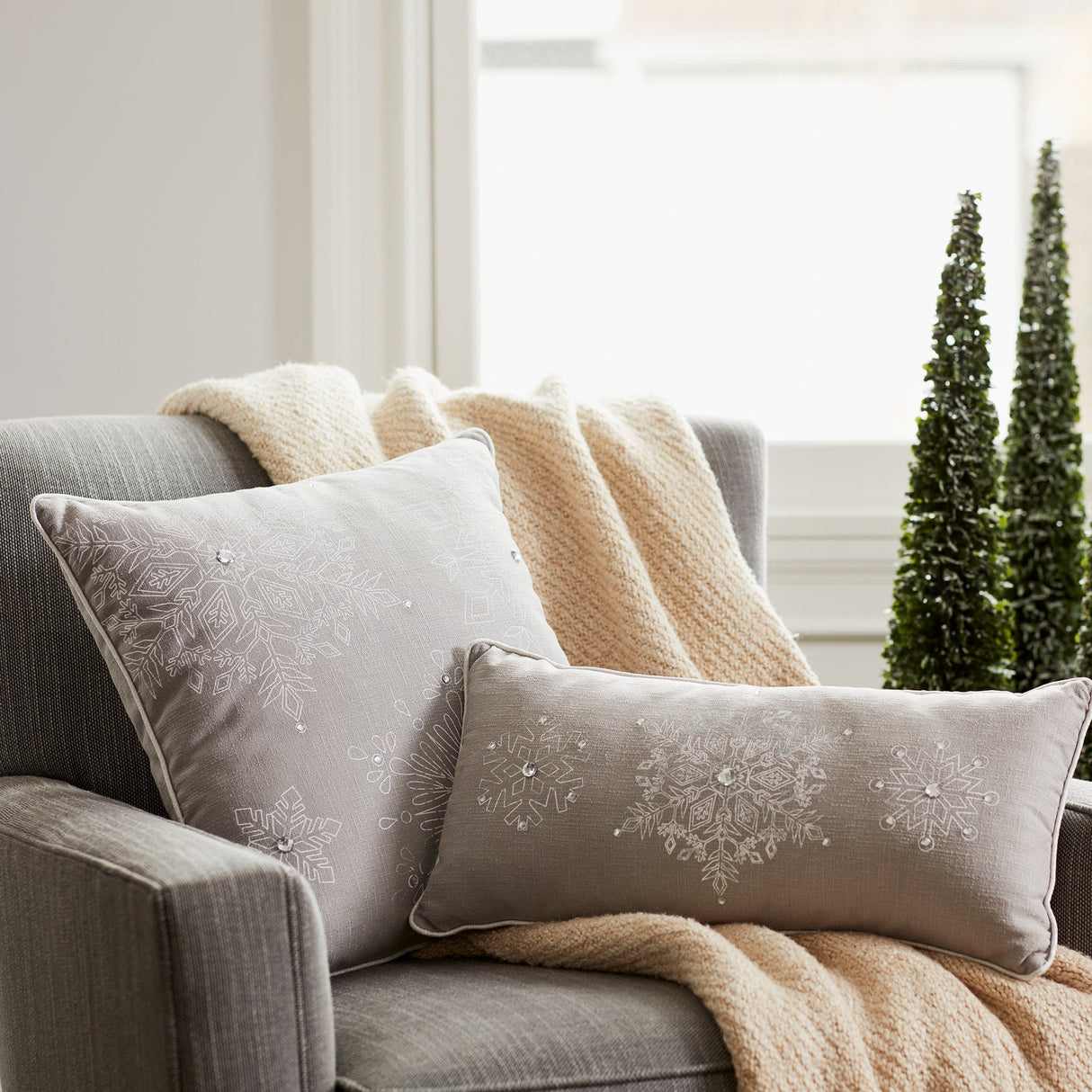 Grey Embroidered Snowflake Pillow (Set of 2)
