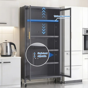 6 Tier Storage Cabinet With Transparent Door, Adjustable Shelves & Wheels
