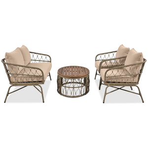 Bohemia-Inspired 4 Person Outdoor Seating Group With Removable Cushions, Conversation Patio Set With Wood Tabletop - Beige