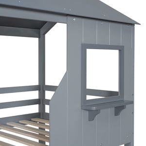 Twin Over Twin Bunk Bed With Roof, Window, Guardrail, Ladder