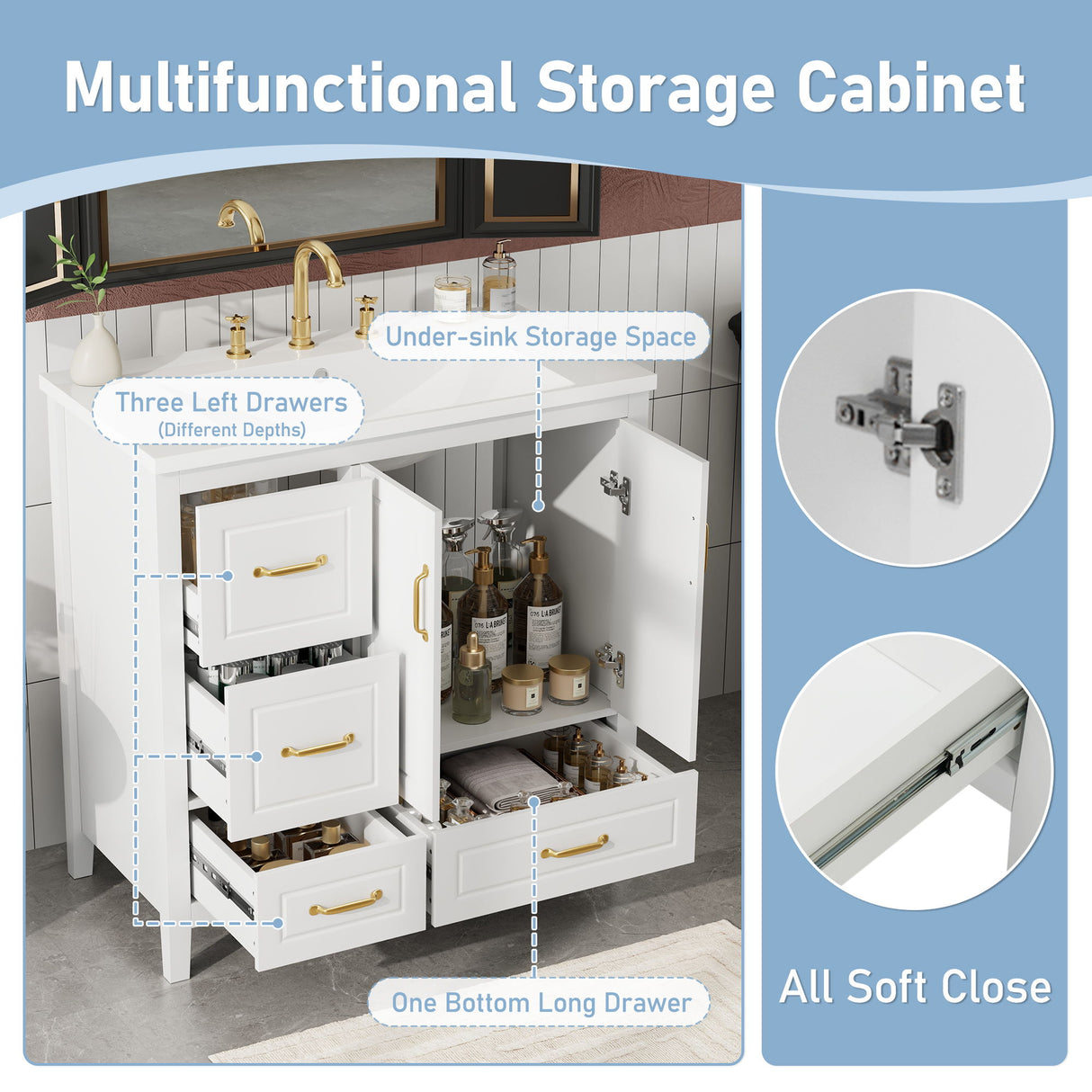 Bathroom Vanity With Sink, Soft Closing Doors & Drawers, Metal Handles