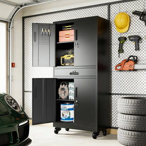 Metal Storage Cabinet with Drawer, Locking Doors, and Rolling Wheels