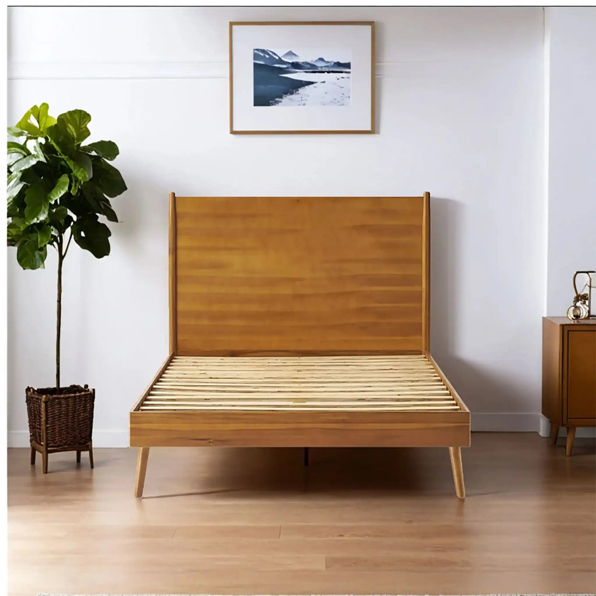 Okioki - Mid-Century Natural Stained Solid Acacia Wood Bed - Best Buy Furniture