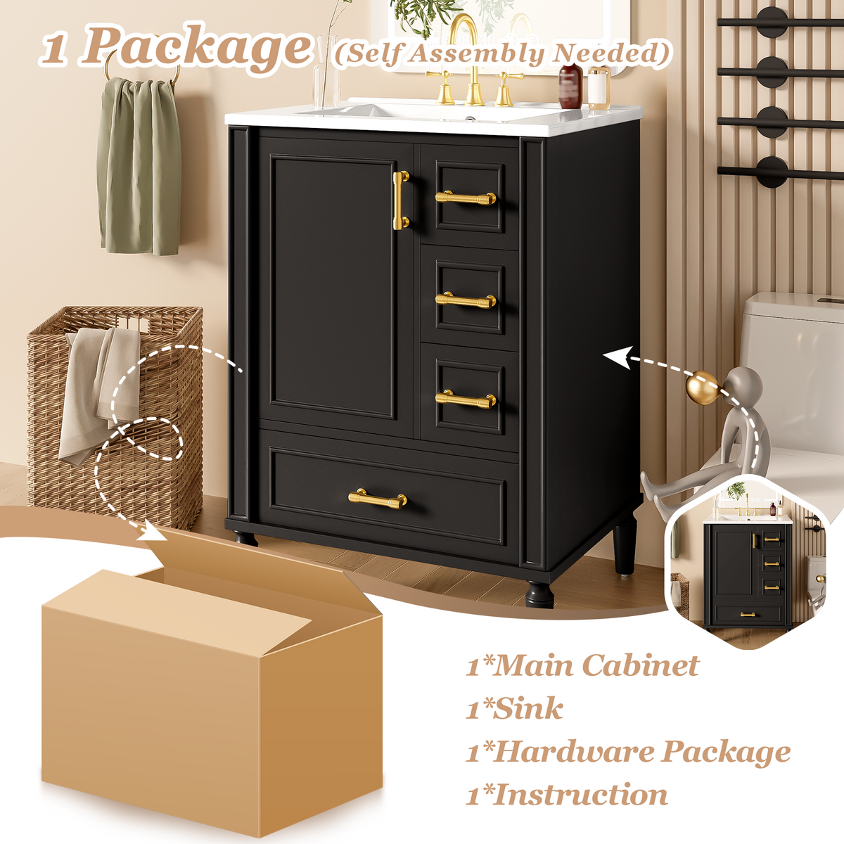 24" Modern Bathroom Vanity with Ceramic Sink, Soft-Close Doors & Drawers - Black