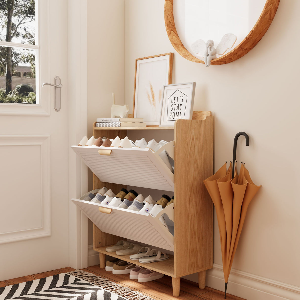 Shoe Storage Cabinet With 2 Flip Drawers, Compact Entryway Organizer - Natural / White