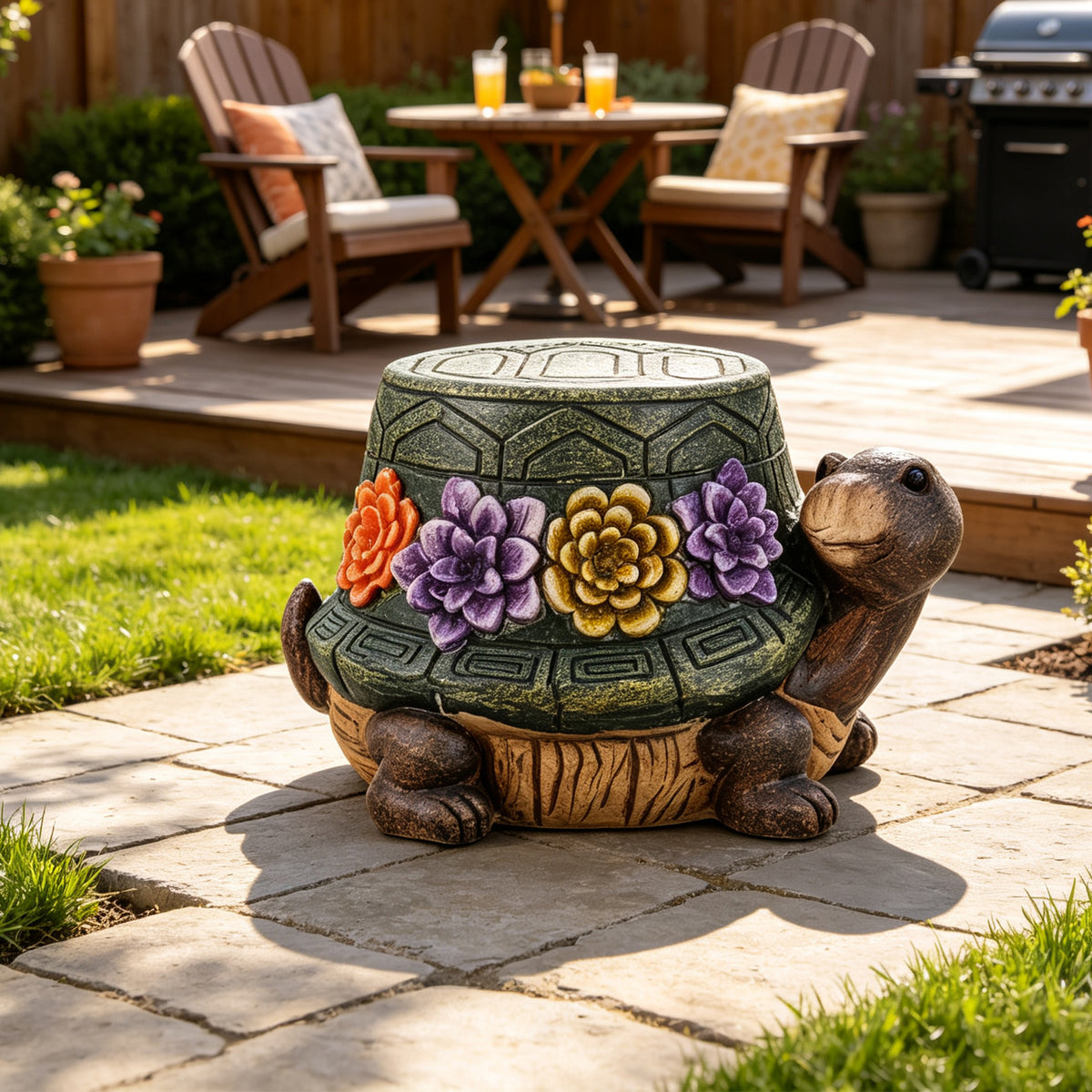Turtle Garden Statue Stool with Whimsical Design - Multi-Color