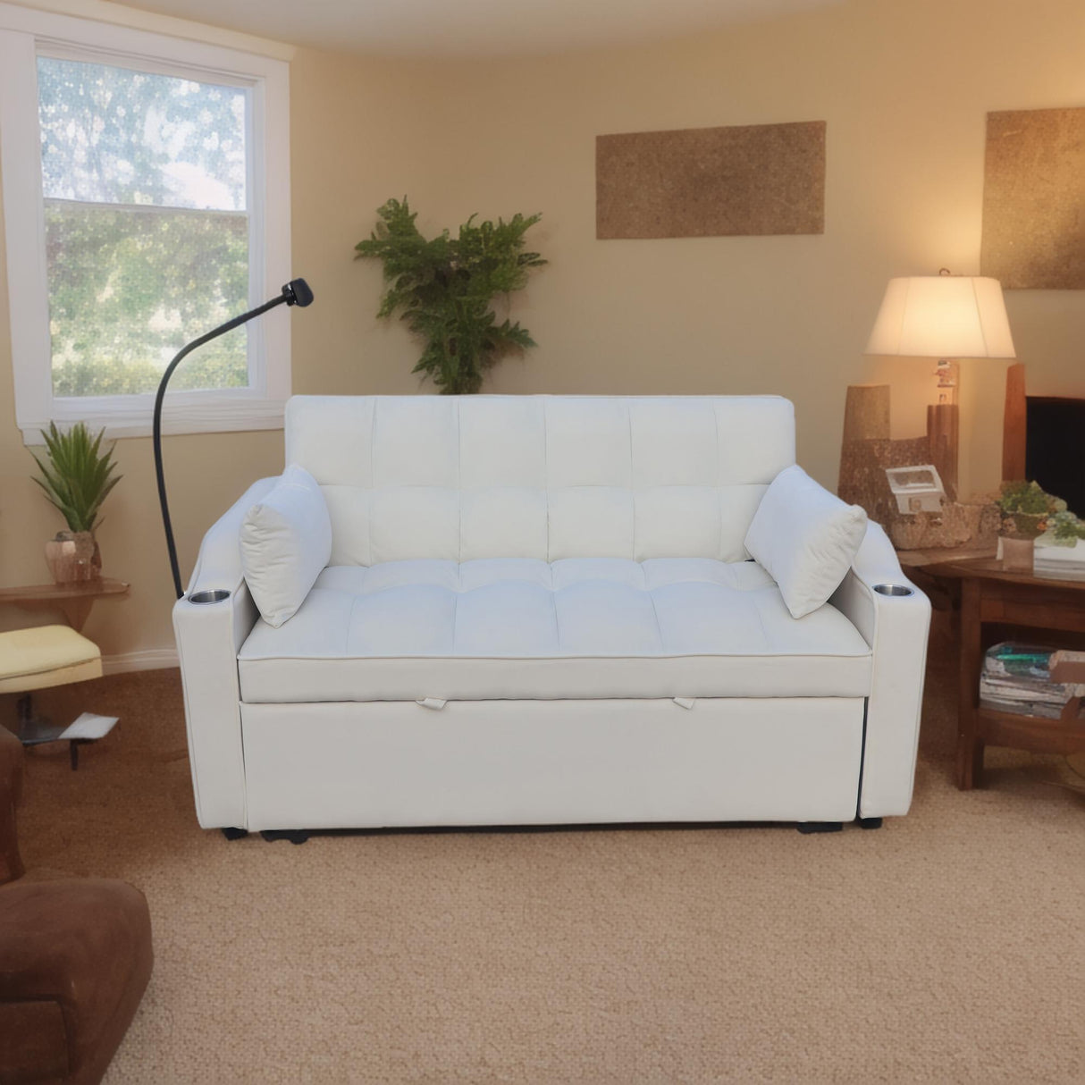 Modern Loveseat Futon Sofa With Pullout Bed, Adjustable Reclining Backrest, Toss Pillows