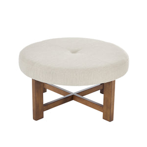 Beige Fabric Round Ottoman with Solid Wood Cross Base