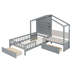 House Bed With Upholstered Sofa, Wireless Charging Station, Shelves And 2 Drawers