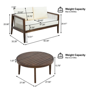 Outdoor Loveseat and Coffee Table Set, Acacia Wood Frame with Rope Detail