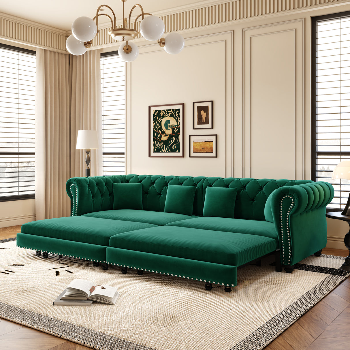 Chesterfield 3-in-1 Pull-Out Sofa Bed - Green