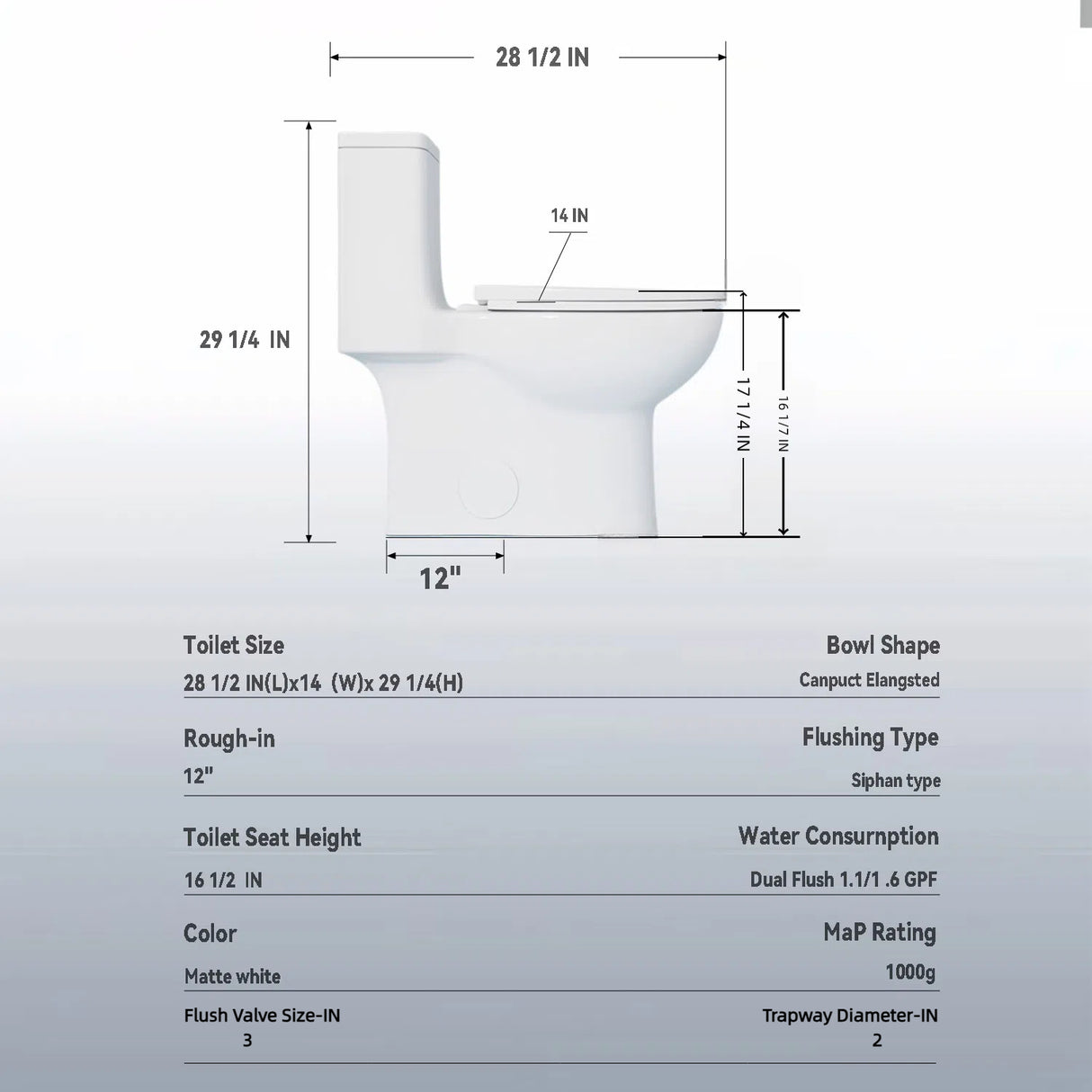 1.1/1.6 GPF Tornado Flush One-Piece Toilet with Comfort Chair Seat ADA Height 17"