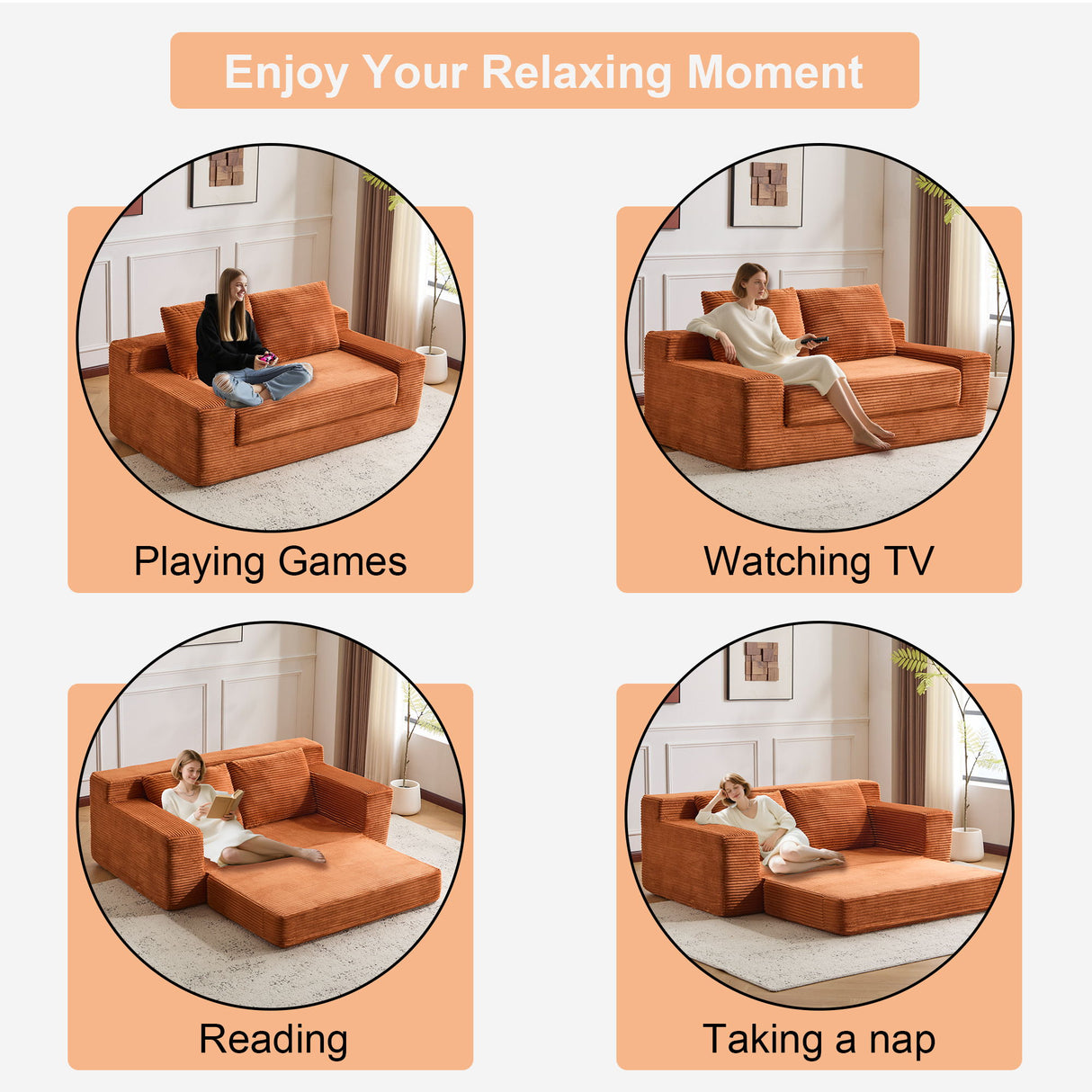 Comfortable Deep Seat Loveseat Sofa Bed, Reversible Cushion With Pillows