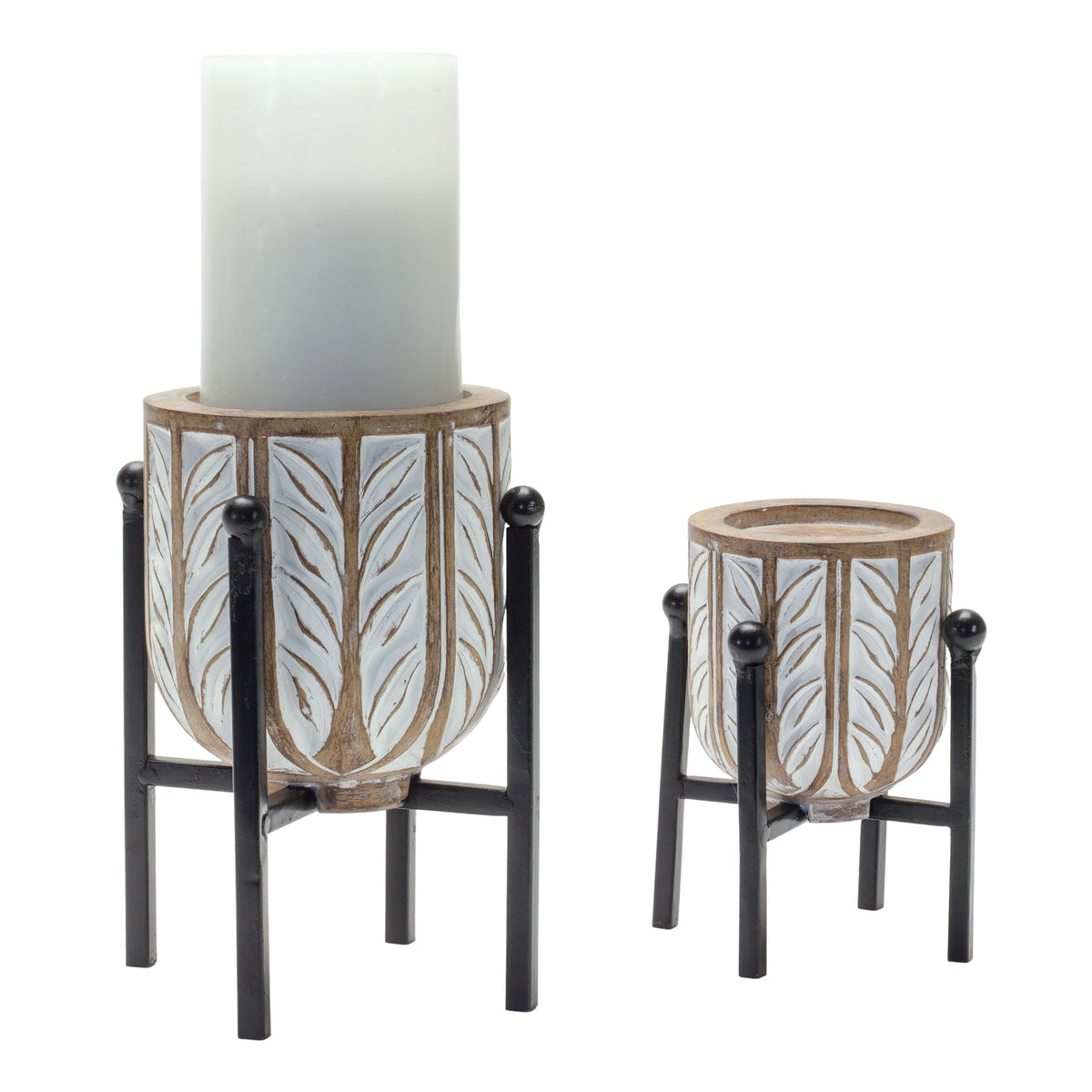 Geometric-Wood-Design-Candle-Holder-with-Metal-Stand-(Set-of-2)-Candle-Holders