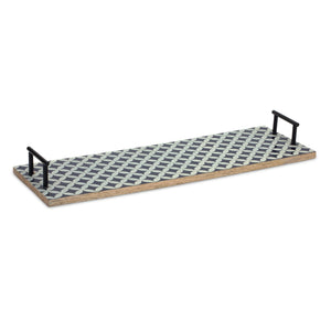 Mango Wood Tray with Geometric Design and Metal Handle Accents (Set of 2)