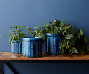 Blue Etched Terra Cotta Pot Planter (Set of 3)