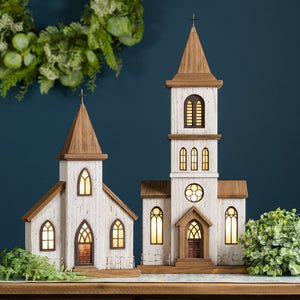 Lighted Natural Wooden Church Display with Rustic Metal Accents 17.5"H