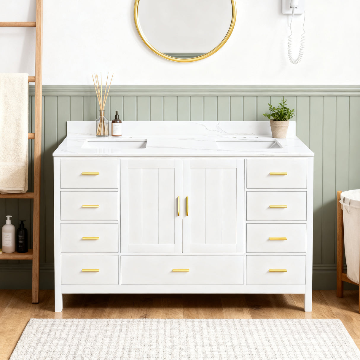 60" Solid Wood Bathroom Vanity with 2 Sinks