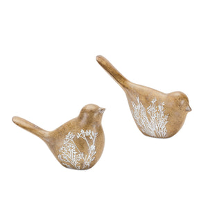 Floral etched bird figurine with wood grain design (set of 4)