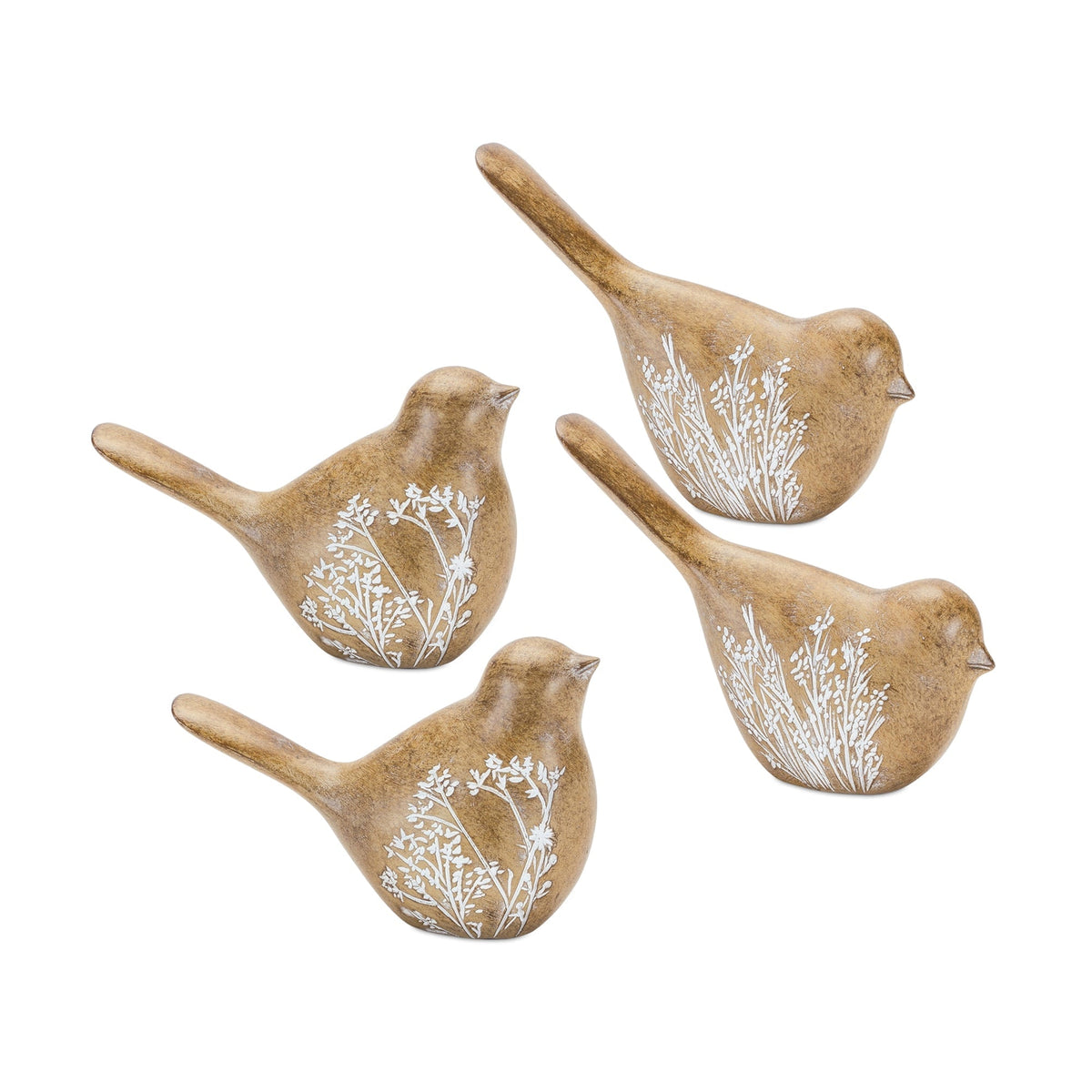 Floral-etched-bird-figurine-with-wood-grain-design-(set-of-4)-Figurines