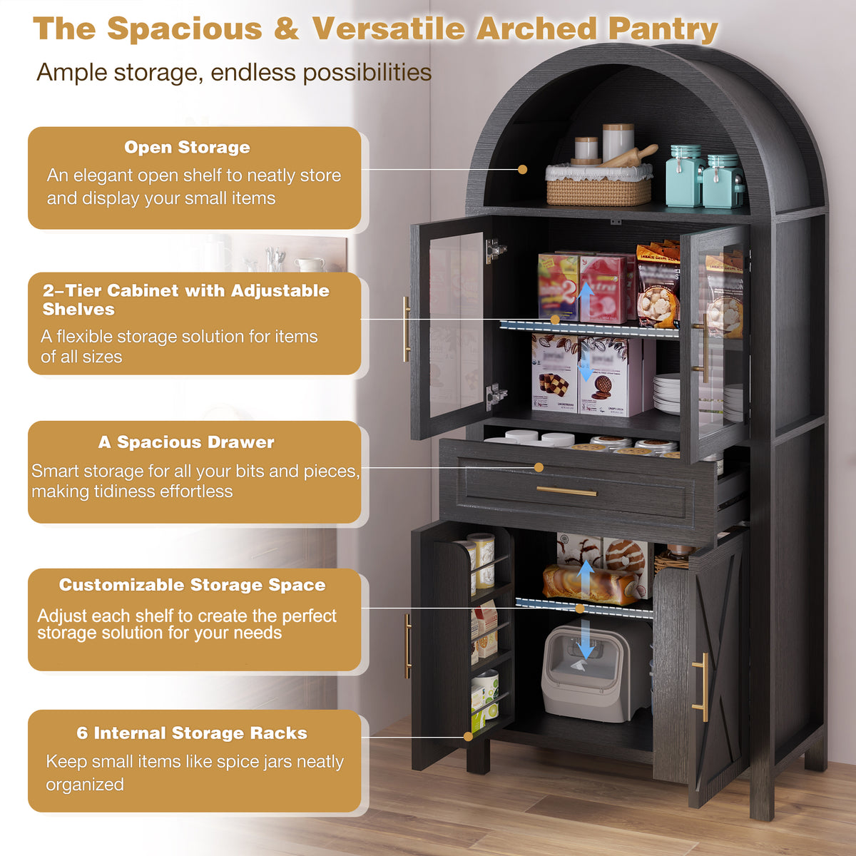 71-Inch Arched Kitchen Pantry Cabinet with Glass Barn Door, Black