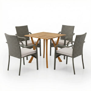 5 Piece Outdoor Dining Set, 31.5" Teak Finish Acacia Wood Table with 4 Chairs