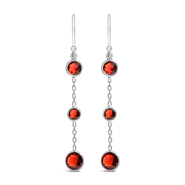 .925 Sterling Silver Graduating Bezel Set Red Garnet Dangle Earring