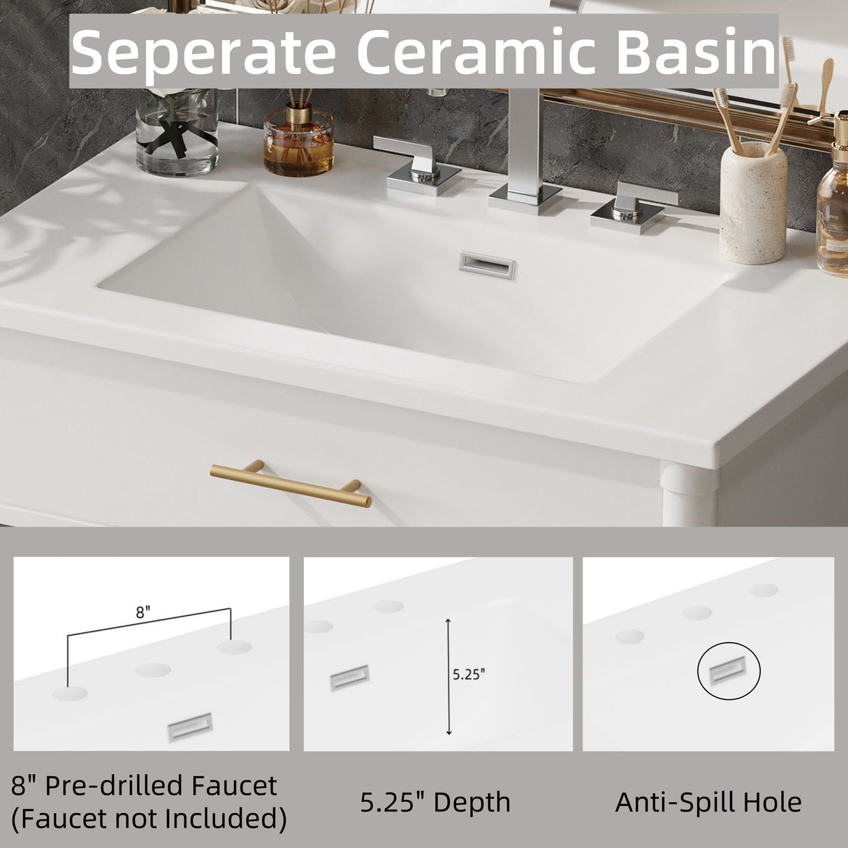 Bathroom Vanity With Sink, Soft Close Doors And Adjustable Shelf