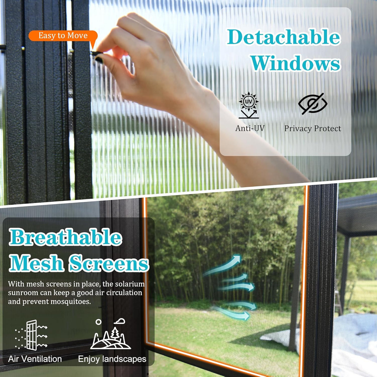 10x14FT All Season Sunroom with Detachable Windows and Sliding Doors