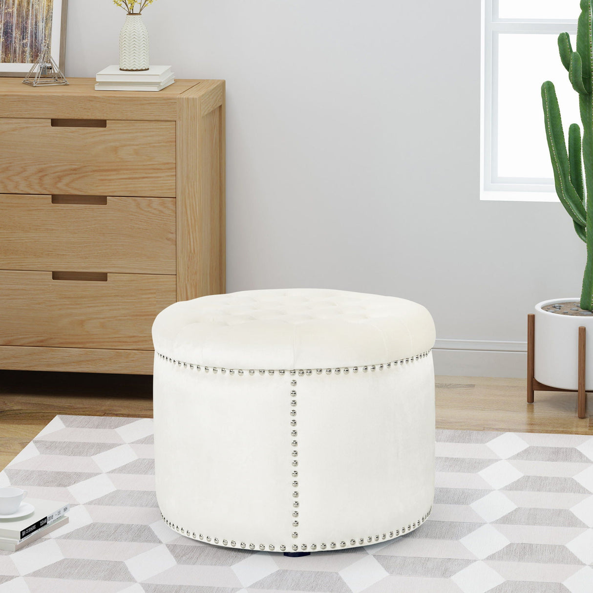 Elegant Round Ottoman Footstool With Studded Rim - Best Buy Furniture