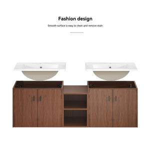 Soft Close Doors Bathroom Vanity With Small Storage Shelves, 24" And 12" Combination Cabinet - Reddish Brown