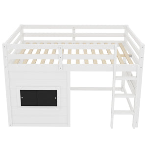 Full Size Loft Bed With Sliding Chalkboard & Bookshelf