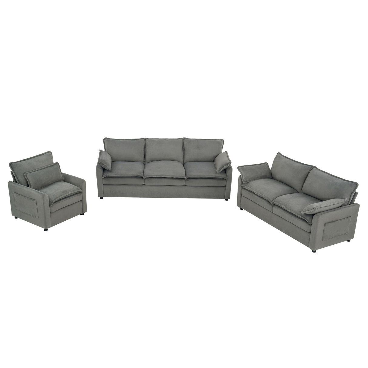 Modern Sofa Set With Double Layer Cushion And Side Storage Pockets