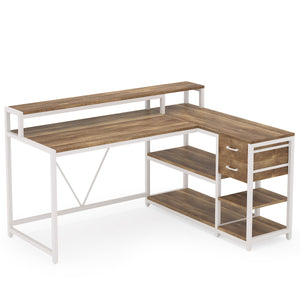 L-Shaped Home Office Desk With Monitor Riser, Drawers, And Storage Shelves