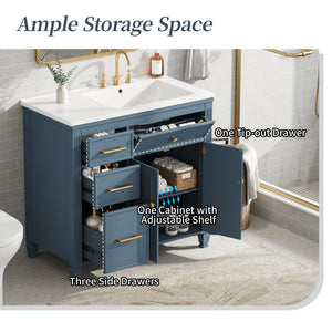 36" Bathroom Vanity with Sink, Ceramic Sink, One Tip-out Drawer, 3 Side Drawers