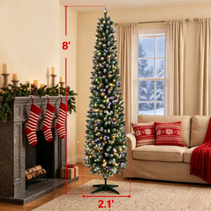 8ft Flocked Pencil Prelit Christmas Tree, Dual-Color