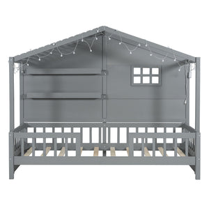 House Bed With Shelves, Window And Sparkling Light Strip On The Roof