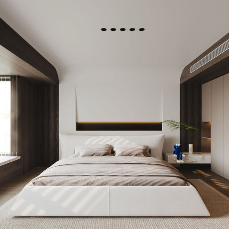 King Size Platform Bed With Special-Shaped Headboard - Cream