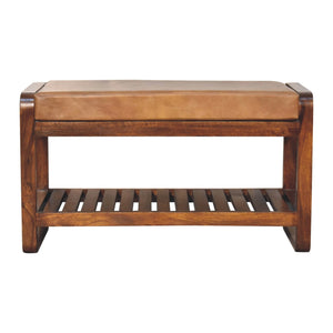 Solid Wood Small Buffalo Slatted Bench, Leather Upholstered, Open Storage