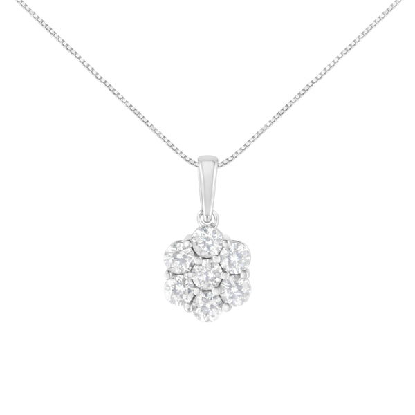 14K White Gold 2.00 Cttw Brilliant Round-Cut Diamond 7 Stone Flower Cluster 18" Pendant Necklace (H-I Color, SI2-I1 Clarity)